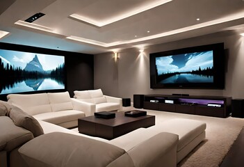 A contemporary home theater design with a minimalist aesthetic, showcasing a large flat-screen TV and modular seating arrangements with built-in storage. 