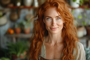 Fototapeta premium Portrait of red hair woman with plant. authenticity and uniqueness concept. gardening , seasonal, hobby style.