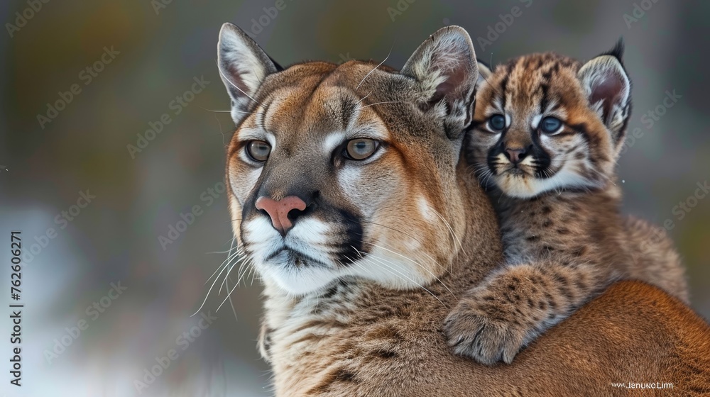 Poster male cougar and cub portrait with empty text space, object on right side for balanced composition