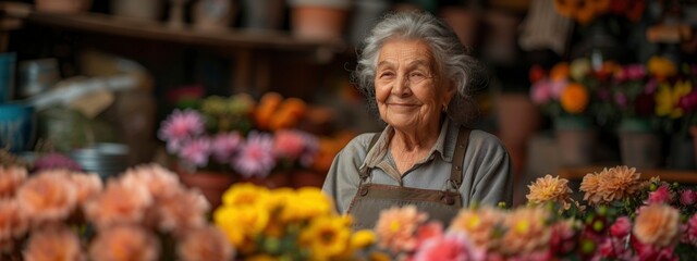 older woman sell flowers in her shop. small businesses concept. heading back to work, reentering the workforce, financial stability style. - obrazy, fototapety, plakaty