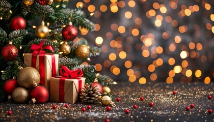 Obraz na płótnie Canvas Festive christmas tree with gifts against dark gray wall, bokeh lights, copy space