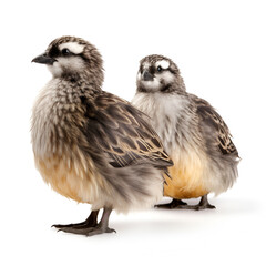 Red-legged partridge chicks in front of white background