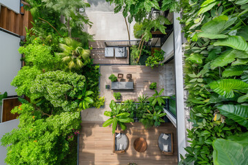Fototapeta na wymiar modern garden design with terrace in top view (1)