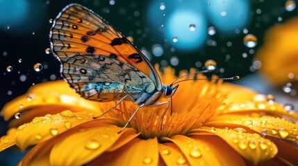 close up view of butterfly on the flower with water drops background