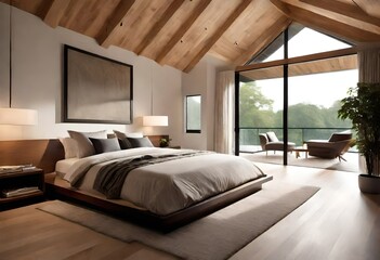 A sleek and modern bed design set against a backdrop of floor-to-ceiling windows, allowing natural light to flood the space. 