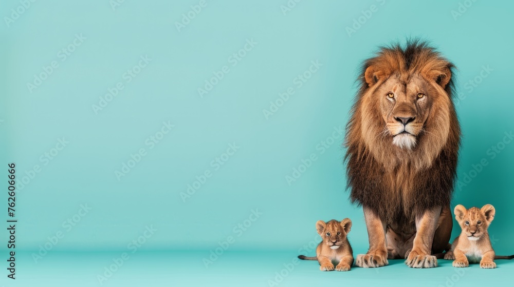 Poster male lion and cub portrait with open space for text, object on right side, ideal for custom messages