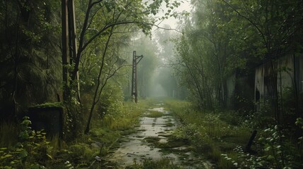 Fototapeta premium Generative AI Overgrown areas around Chernobyl's reactors, nature reclaiming, desolate landscapes, moody atmospheric tones, realistic depiction