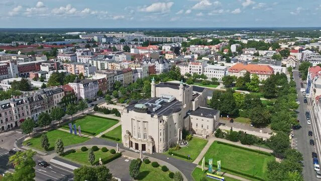 Aerial drone view of Cottbus State Theatre ( Staatstheater ) in Cottbus , Germany