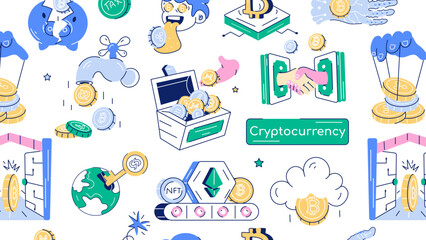 A doodle showcasing various elements of crypto investment and blockchain trends 