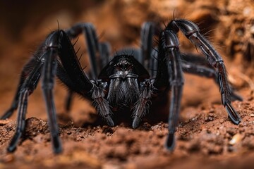 A close-up view of a Sydney Funnel Web spider sitting on the ground, showcasing its menacing...
