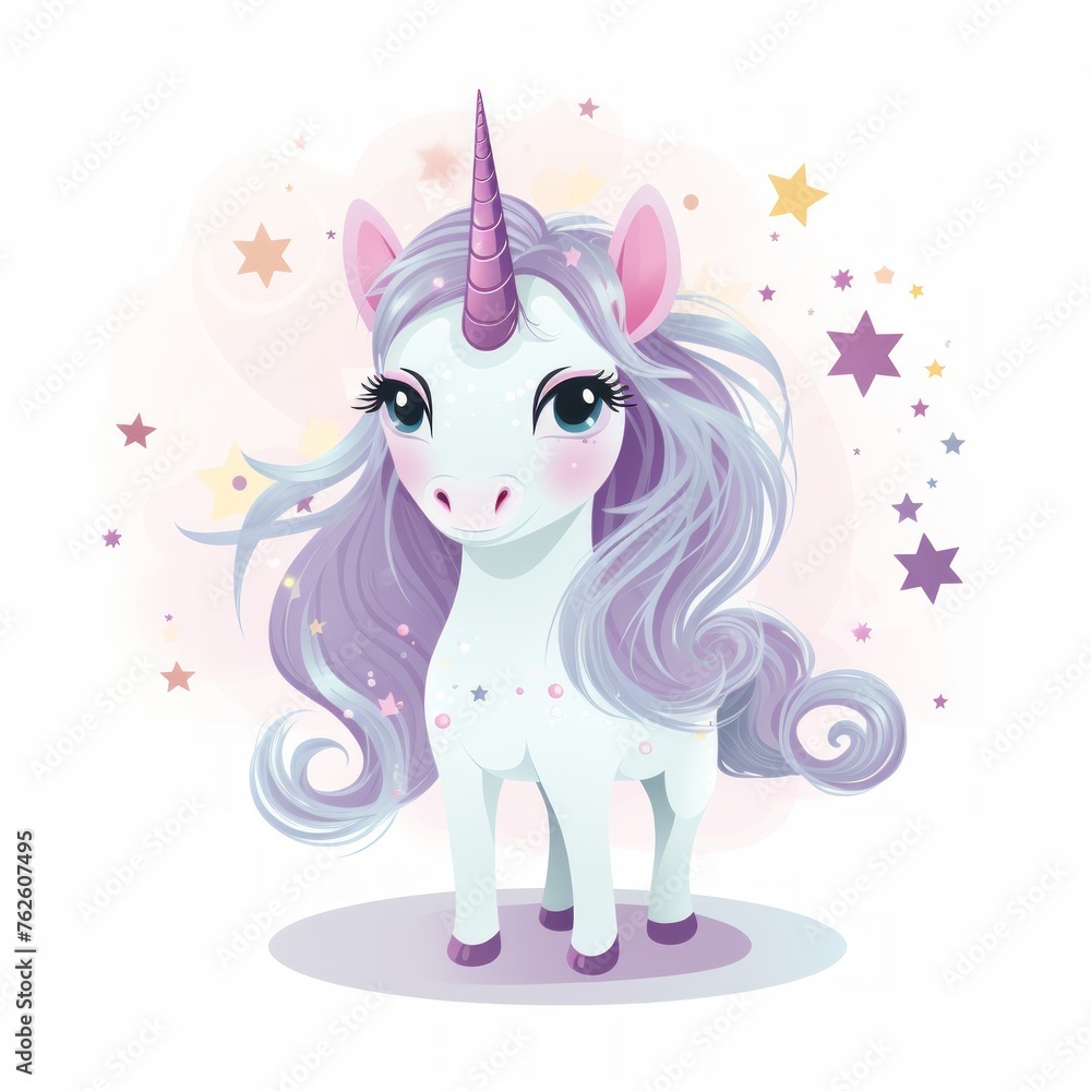 Poster Generative AI A tiny magical unicorn with a flowing mane and a shimmering horn, radiating grace.