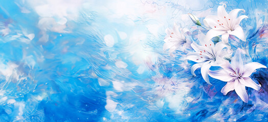 White lilies on a blue background. Floral background. Nature, panoramic layout. Generative Ai