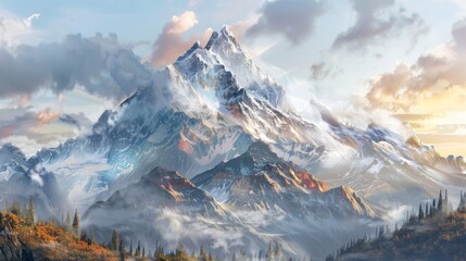 A detailed painting showcasing a majestic mountain peak reaching towards the sky, surrounded by fluffy white clouds.