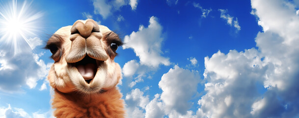 Cute funny camel on blue sky background. Animal portrait, panoramic layout. Generative Ai