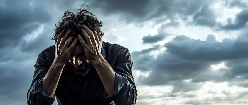 Stressed man with hands on his head against stormy sky background, panoramic layout. Generative Ai