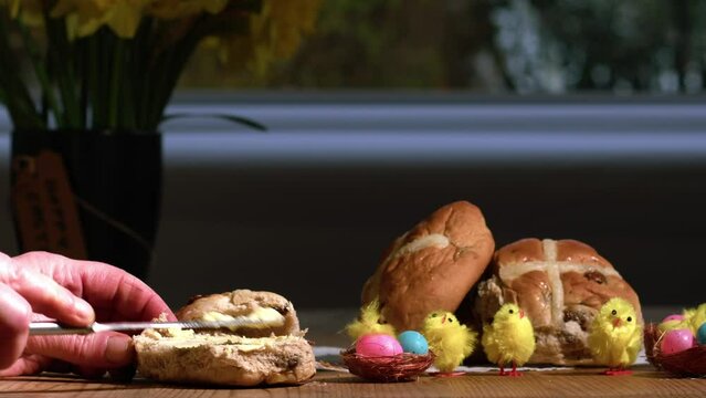 Easter Hot cross bun and colorful decorations
