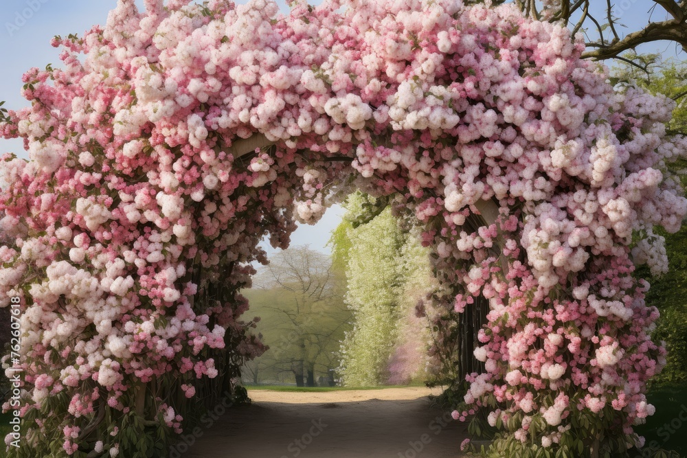 Wall mural spring flowers arch. green nature park. generate ai