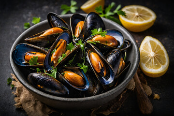 Ready-made mussels in butter and lemon - obrazy, fototapety, plakaty