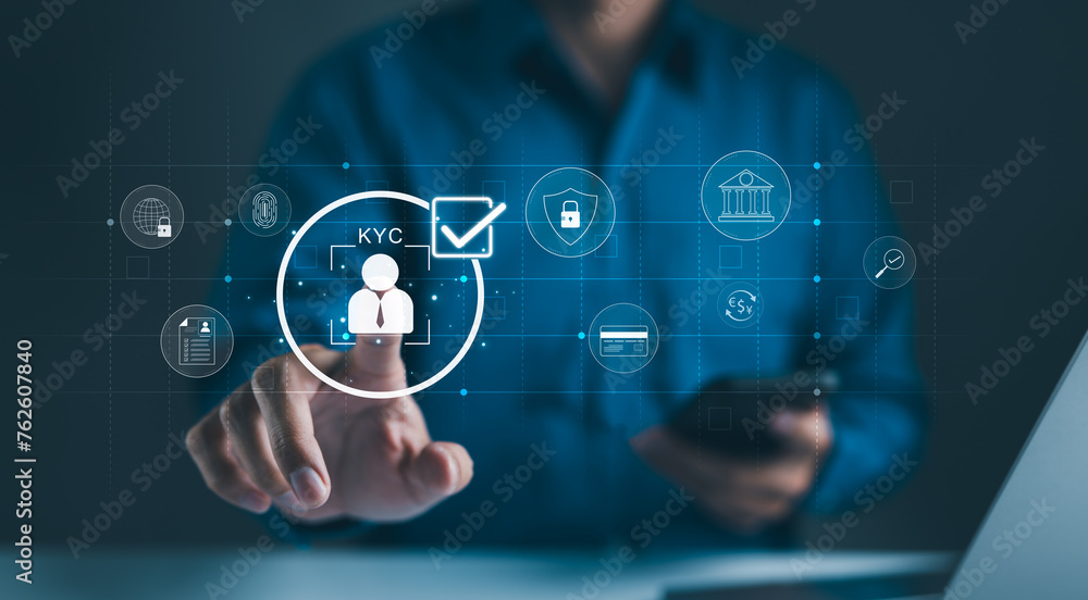 Poster interactive kyc compliance interface with the user. business professional interacting with a know yo