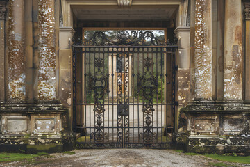 Fototapeta na wymiar Grandeur Unleashed: Antique Ornate Iron Gates Guarding Stately Manor Entrance