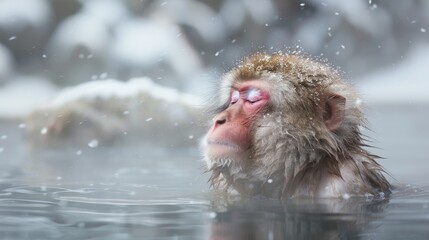 A Japanese Macaque, also known as a snow monkey, is swimming in a pool of water. The monkey is gracefully moving through the water, showcasing its swimming abilities.