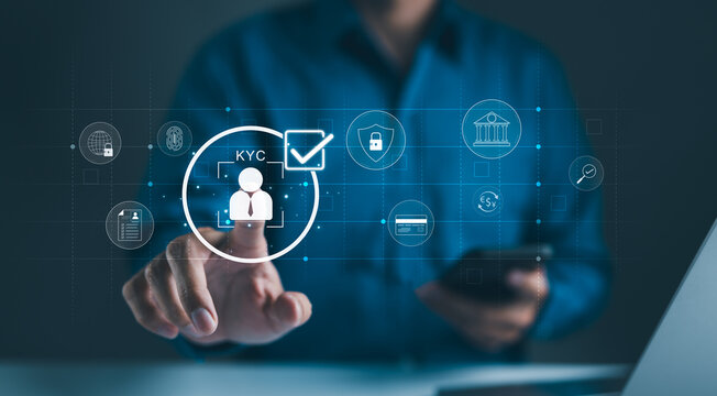 Interactive KYC compliance interface with the user. Business professional interacting with a Know Your Customer (KYC) compliance and security interface on digital screen. Identity verification, E KYC,