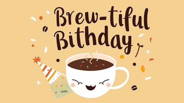 This image features a cup of coffee with a cute design that includes the words Brew-tiful Birthday on it. The cup is placed on a table with a simple background.