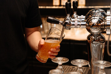 bartender pours light beer into large beer mug for customer at bar, close-up view of hand holding...