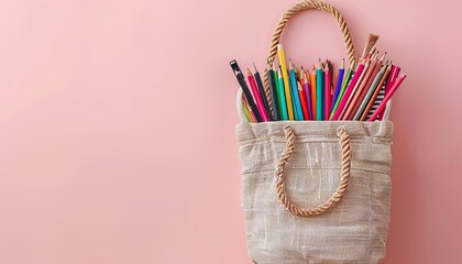 School bag essentials stationery supplies banner design on pink background with space for text