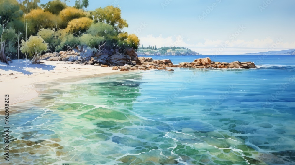 Poster generative ai pristine beaches with crystal-clear waters. aquarelle