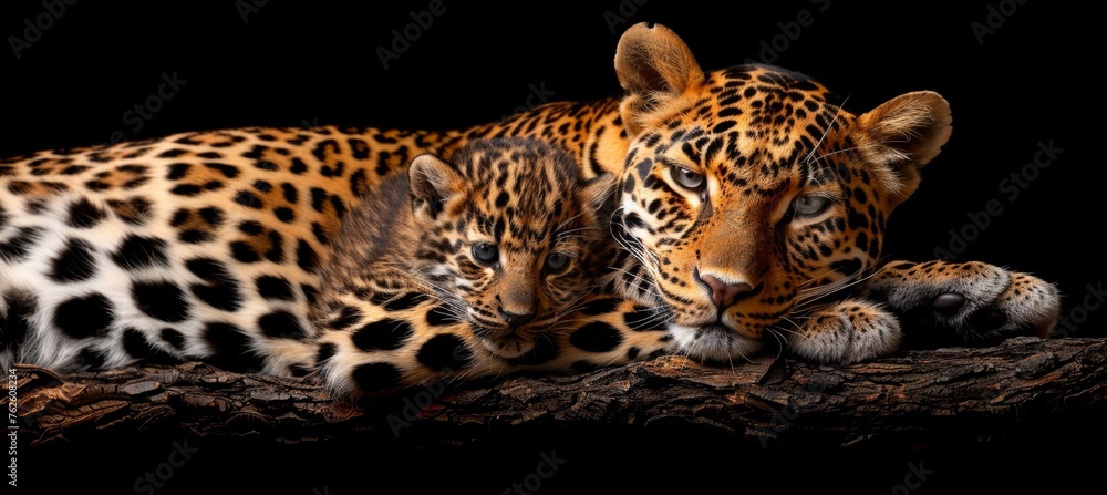 Poster male leopard and cub portrait with negative space for text, object on right side