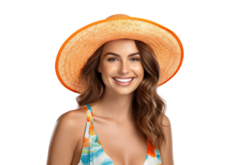 Portrait happy woman with summer holiday beach outfits isolated on transparent background for realax at beach on vacation, travel and holidays vacation concept.