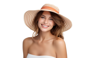 Portrait happy woman with summer holiday beach outfits isolated on transparent background for realax at beach on vacation, travel and holidays vacation concept.