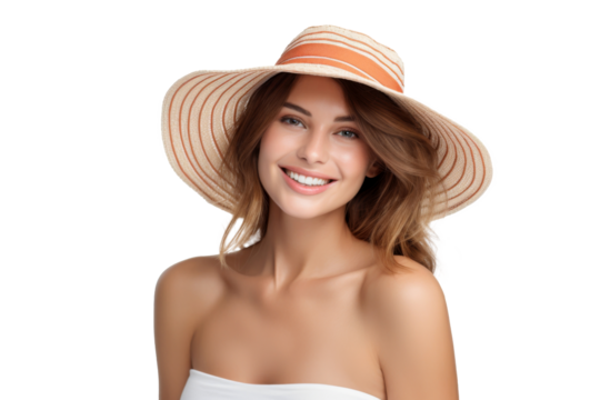 Portrait happy woman with summer holiday beach outfits isolated on transparent background for realax at beach on vacation, travel and holidays vacation concept.