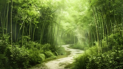 A realistic painting depicting a path winding its way through a dense bamboo forest. The vibrant green bamboo stalks tower overhead as the path disappears into the distance.