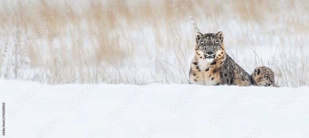 Aufkleber snow leopard and cub portrait with empty space for text on left and object on right side