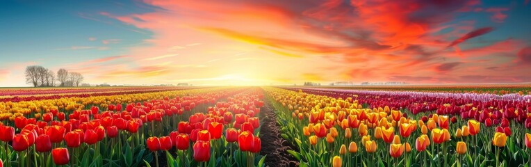 A field of colorful flowers is illuminated by the setting sun in the background. The sky is tinged with shades of orange, pink, and purple, creating a warm and serene atmosphere.