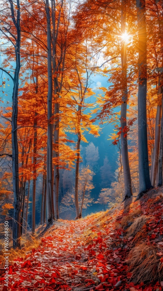 Poster a beautiful autumn scene with trees and leaves. the sun is shining through the trees, creating a war