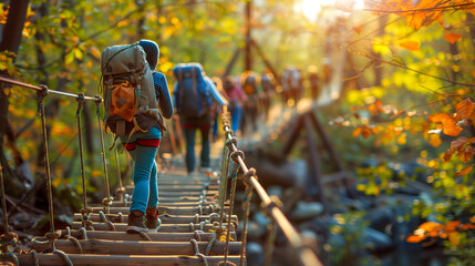 Group of hikers with backpacks walking across a suspension bridge surrounded by autumn foliage - obrazy, fototapety, plakaty
