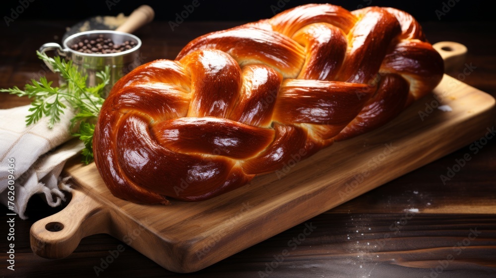 Aufkleber generative ai braided challah bread with a glossy finish, beautifully displayed on a wooden cutting 