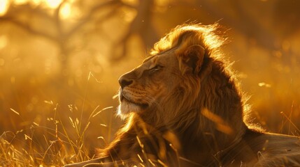 A powerful Asiatic lion is reclining in a field of tall grass, blending in with its surroundings....