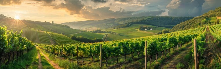 The sun shines brightly through the clouds, casting a warm glow over a vineyard below. Rows of grapevines are visible, with lush green leaves and ripe grapes glistening in the sunlight. - obrazy, fototapety, plakaty