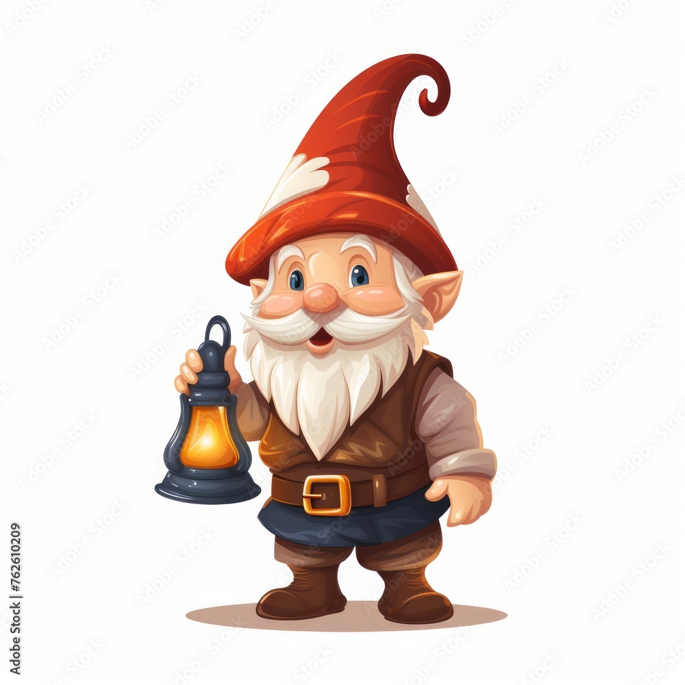 Poster Generative AI A lovable gnome wearing a pointed hat and holding a lantern, exploring inquisitively.
