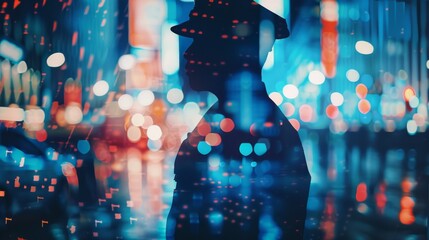 A silhouette of a man wearing a hat walking in a city at night. The urban landscape is visible in...