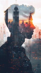 A man's silhouette is shown in front of a city skyline. The city is lit up at night, creating a moody and mysterious atmosphere. The image is a creative representation of the cityscape