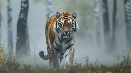 A powerful Amur tiger is confidently striding through a lush forest filled with tall trees. The tigers golden fur sharply contrasts with the green foliage around it. - obrazy, fototapety, plakaty