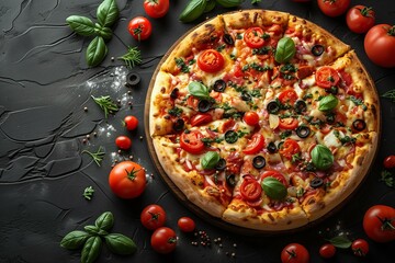 Sliced pizza with tomatoes, cheese, bacon and olives on a dark background. - obrazy, fototapety, plakaty