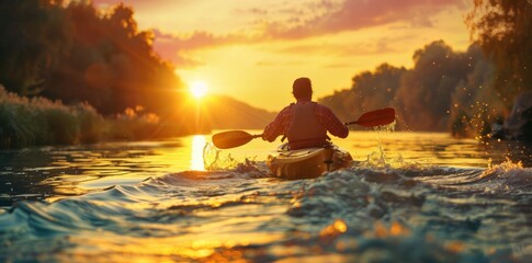 kayak canoe floats down the river at sunset