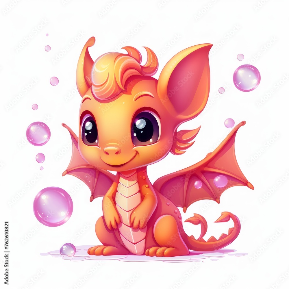 Aufkleber Generative AI A small dragonling blowing bubbles of fire while wearing a curious expression.