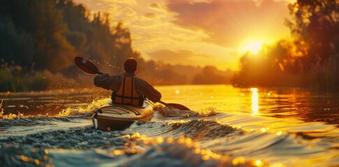 kayak canoe floats down the river at sunset - obrazy, fototapety, plakaty